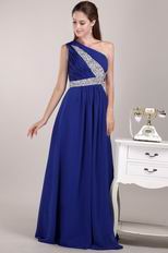 Beaded One Shoulder Royal Blue Chiffon Quality Prom Dress Cheap