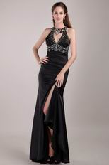 Black Column Rhinestones Backless Prom Dress With Side Split