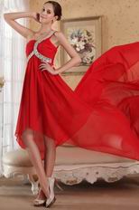 Red Chiffon Fabric One Shoulder High Low Prom Dress