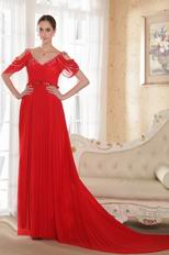 Top Designer V Neckline Prom Dress With Red Chiffon Skirt