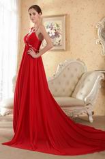 Scoop Neckline Red Chiffon Beaded Prom Dress Cheap