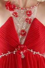 Scoop Neckline Red Chiffon Beaded Prom Dress Cheap