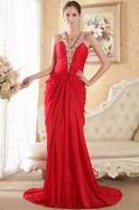 Halter V Neck Red Chiffon Prom Dress Crystals Emberllish