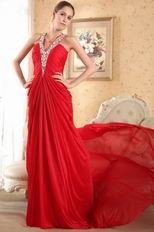 Halter V Neck Red Chiffon Prom Dress Crystals Emberllish