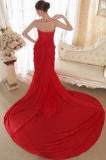 Halter V Neck Red Chiffon Prom Dress Crystals Emberllish