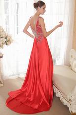 V Neckline Panel Train Red Prom Dresses With Beading