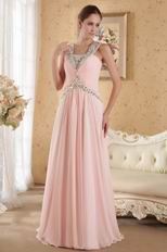 A-line Floor Length Pink Chiffon Skirt Prom Dress With Diamonds