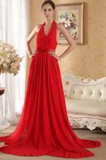 Halter Floor Length Red Chiffon Prom Dress With Handmade Flowers