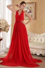 Halter Floor Length Red Chiffon Prom Dress With Handmade Flowers