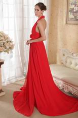Halter Floor Length Red Chiffon Prom Dress With Handmade Flowers