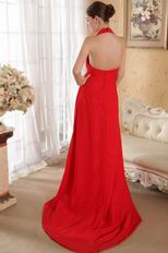 Halter Floor Length Red Chiffon Prom Dress With Handmade Flowers