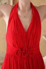 Halter Floor Length Red Chiffon Prom Dress With Handmade Flowers