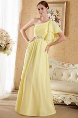 One Shoulder Ruffle Sleeve Chapel Train Yellow Green Chiffon Prom Dress