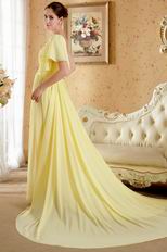 One Shoulder Ruffle Sleeve Chapel Train Yellow Green Chiffon Prom Dress