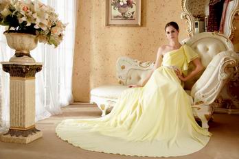 One Shoulder Ruffle Sleeve Chapel Train Yellow Green Chiffon Prom Dress