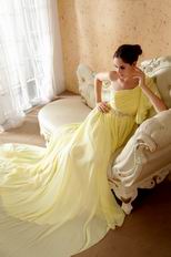 One Shoulder Ruffle Sleeve Chapel Train Yellow Green Chiffon Prom Dress