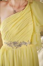 One Shoulder Ruffle Sleeve Chapel Train Yellow Green Chiffon Prom Dress