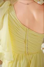One Shoulder Ruffle Sleeve Chapel Train Yellow Green Chiffon Prom Dress