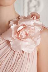 Affordable Ruched Pink Chiffon Prom Dresses With Shoulder Flowers