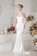 Inexpensive Halter Zip Mermaid White Stain Petite Prom Dress