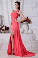 Noble Straps Criss-Cross Ruched Watermelon Prom Dress With Split