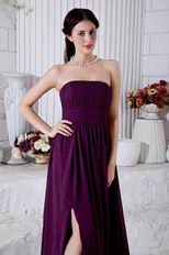 Elegant Strapless Ruched Dark Purple Chiffon Prom Dress With Split