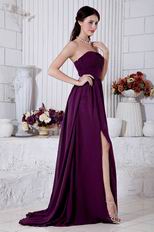 Elegant Strapless Ruched Dark Purple Chiffon Prom Dress With Split