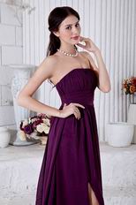 Elegant Strapless Ruched Dark Purple Chiffon Prom Dress With Split