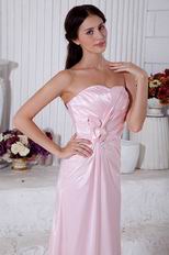 Strapless Ruched Bodice Pink Bridesmaid Prom Dress With Flowers