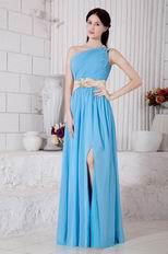 One Shoulder Neck Aqua Blue Prom Dress With Front Split