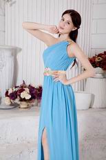 One Shoulder Neck Aqua Blue Prom Dress With Front Split