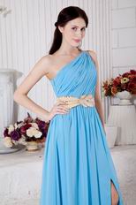 One Shoulder Neck Aqua Blue Prom Dress With Front Split