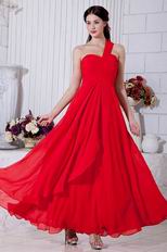 Terse One Shoulder A-line Ankle Length Skirt Dark Red Prom Dress