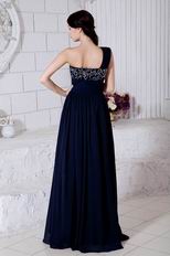 Affordable One Shoulder Navy Blue Chiffon La Femme Prom Dress