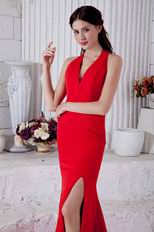 Fashional Halter A-line Dark Red Chiffon Prom Dress With High Split