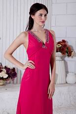 Cross Back V-Neck Empire Waist Deep Pink Chiffon Prom Dress