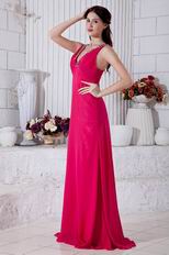 Cross Back V-Neck Empire Waist Deep Pink Chiffon Prom Dress