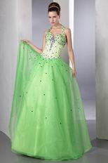 Halter Spring Green Prom Dress Design With Purple Crystals