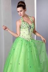 Halter Spring Green Prom Dress Design With Purple Crystals