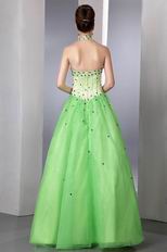 Halter Spring Green Prom Dress Design With Purple Crystals