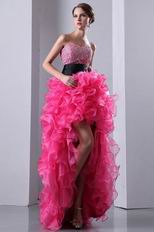 Ruffled High Low Skirt Hot Pink Prom Dress With Black Belt