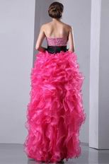 Ruffled High Low Skirt Hot Pink Prom Dress With Black Belt