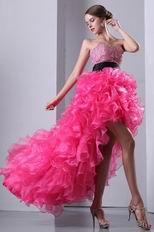 Ruffled High Low Skirt Hot Pink Prom Dress With Black Belt