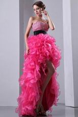 Ruffled High Low Skirt Hot Pink Prom Dress With Black Belt