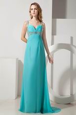 Straps Ruched Bodice Turquoise Chiffon Prom Dress With Beading