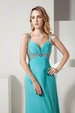 Straps Ruched Bodice Turquoise Chiffon Prom Dress With Beading