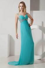 Straps Ruched Bodice Turquoise Chiffon Prom Dress With Beading