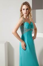 Straps Ruched Bodice Turquoise Chiffon Prom Dress With Beading