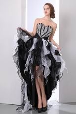 High Low Ruffled Skirt Black And White Organza Prom Dress With Beading