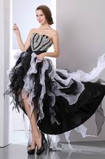 High Low Ruffled Skirt Black And White Organza Prom Dress With Beading